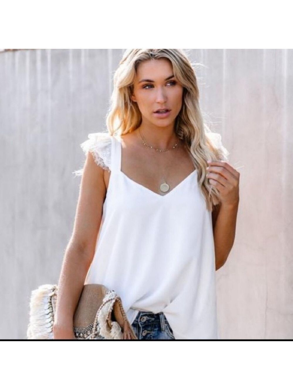 Babalet Ruffled Lace Trim Halter Loose V Neck Tank Tops White Medium NWT